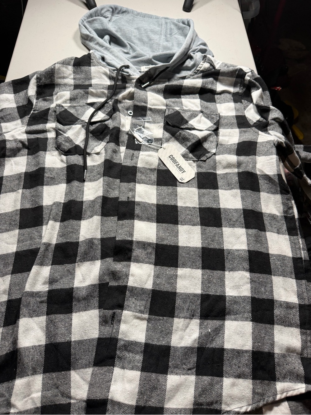 Coofandy Men’s Black & White Plaid Hooded Flannel Shirt